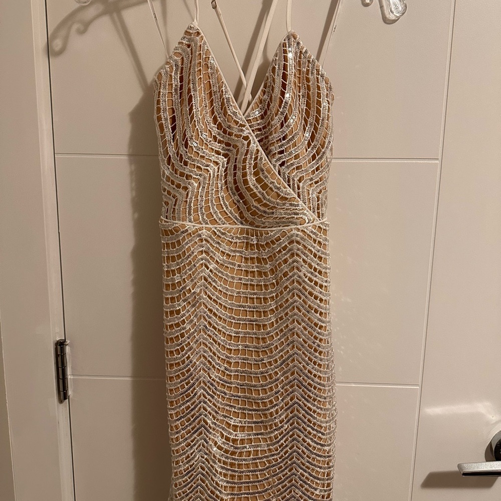 Lulu's Champagne and White Beaded Strapless Evening Dress